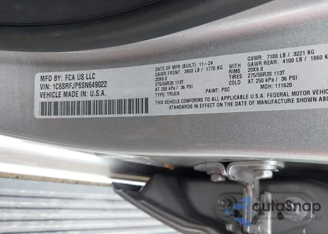 2025 Ram 1500 Laramie 4X4 5'7 Box from USA, damaged, VIN 1C6SRFJP6SN649022